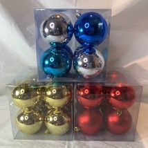 24 Round Plastic Decorative Christmas Ornaments Gold Silver Red Blue Shiny Satin - £6.39 GBP