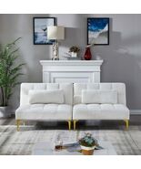 White Teddy Fabric Convertible Sofa Bed Futon with Gold Metal Legs - $402.99