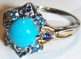 18 K White & Yellow Gold Blue Topaz, Iolite & Turquoise Ring, Size 7.5, 1.85(Tcw) - $525.00