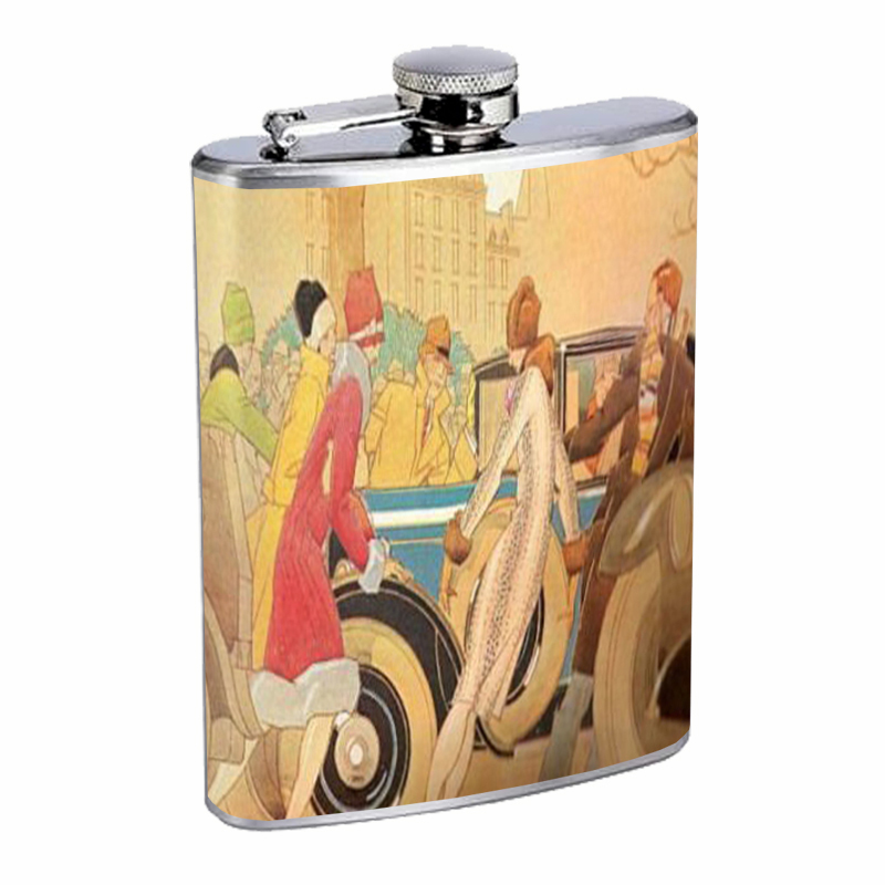 1920s FLAPPERS WITH VINTAGE CAR ART DECO Flask 8oz Stainless Steel D-022