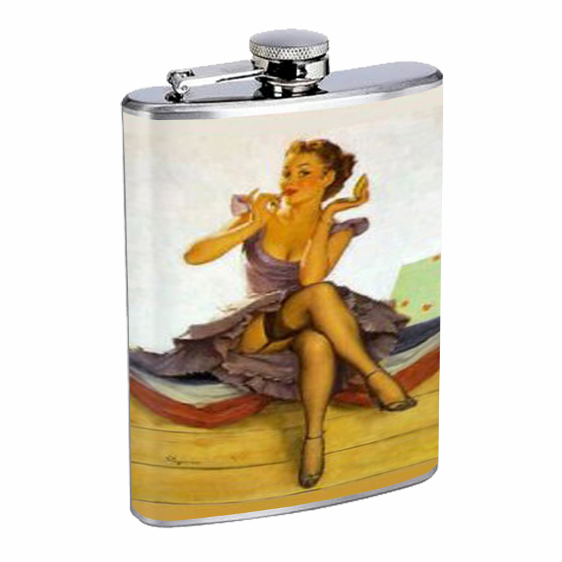 Pin Up Girl Putting On Lipstick Flask 8oz Stainless Steel D-085