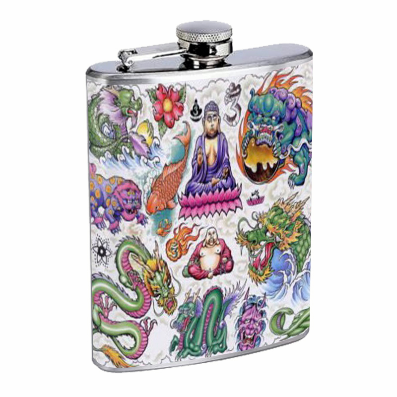 ASIAN Art Tattoo Dragon Buddha Flask 8oz Stainless Steel D-212
