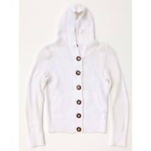 Giordano White Open Weave Hoodie Sweater button front pockets size XS vi... - $9.99