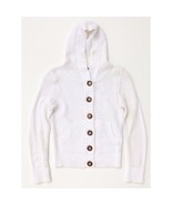 Giordano White Open Weave Hoodie Sweater button front pockets size XS vi... - $9.99