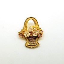 1928 Flower Basket Brooch Enamel Iridescent Crystals Porcelain Gold Tone Vintage - £11.81 GBP