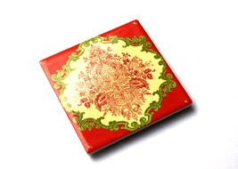 Oriental Ornament Orange Green Tile Mug Coaster, Vintage, Floral, Leaf L... - £11.76 GBP