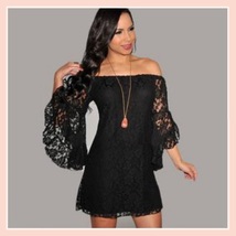 Casual Summer Long Flare Sleeve Off Shoulder Lace Mini Beach Dress in 4 Colors image 2