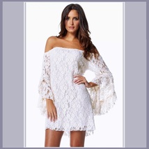 Casual Summer Long Flare Sleeve Off Shoulder Lace Mini Beach Dress in 4 Colors image 3