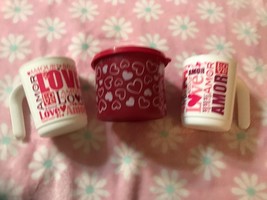 NEW 2 TUPPERWARE LOVE AMORE 11oz MUGS + MINI GRAPHIC HEART SPARKLE MINI ... - $9.89