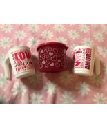 NEW 2 TUPPERWARE LOVE AMORE 11oz MUGS + MINI GRAPHIC HEART SPARKLE MINI ... - $9.89