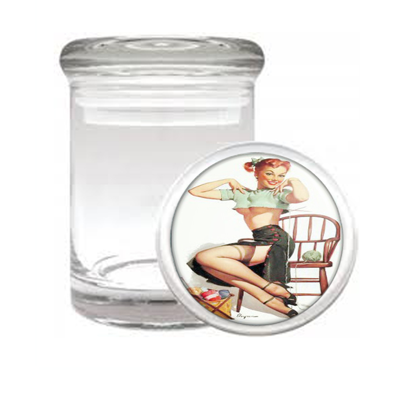 Pin Up Redhead Girl Knitting Sweater Medical Glass Jar 543
