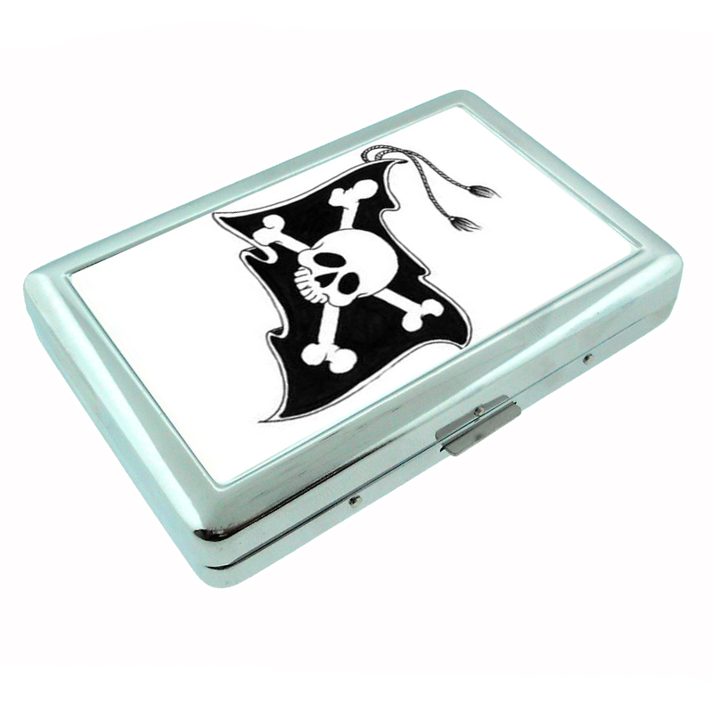 Pirate Jolly Roger Skull Flag Silver Cigarette Case 060