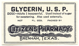 1 Antique Pharmacy Label GLYCERIN, U.S.P. Citizens Pharmacy Brenham Texas - £18.20 GBP