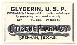 1 Antique Pharmacy Label GLYCERIN, U.S.P. Citizens Pharmacy Brenham Texas - £14.46 GBP