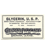 1 Antique Pharmacy Label GLYCERIN, U.S.P. Citizens Pharmacy Brenham Texas - $37.27 CAD