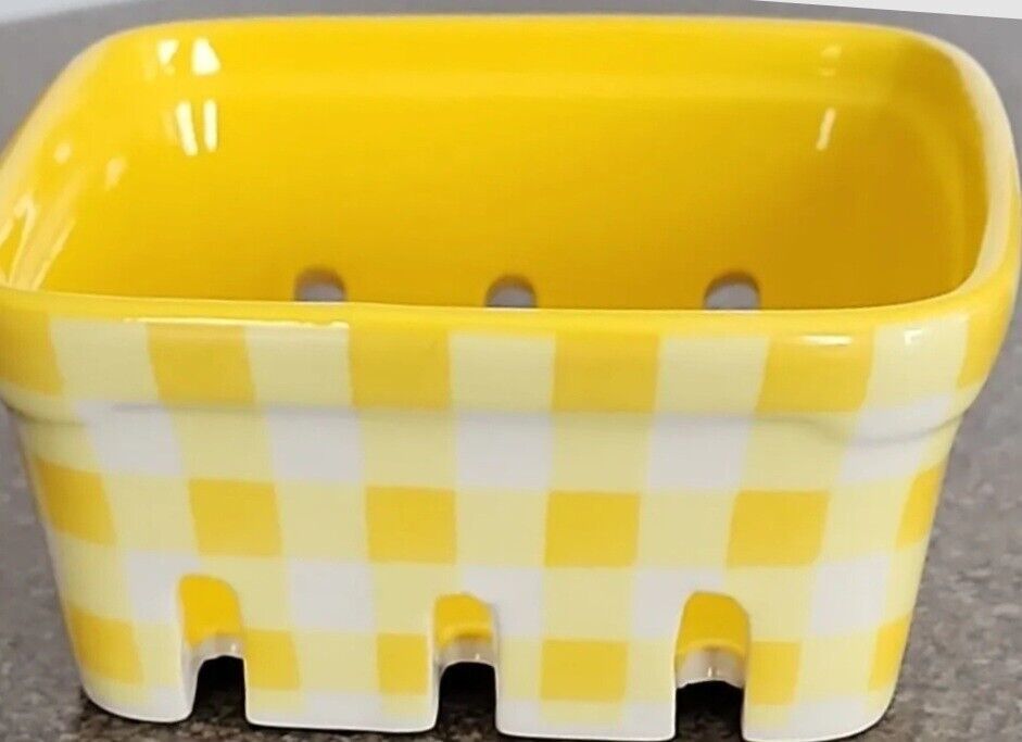 Pioneer Woman ~ YELLOW Gingham 4.75&quot; Square x 2.25&quot; Tall Stoneware Fruit... - $22.44