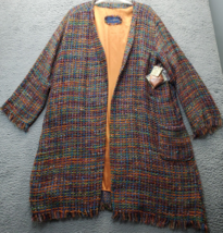 VTG Liz &amp; Jane Long Coat Womens 2X Multi Tweed Silk Lined Frayed Hem Open Front - £93.47 GBP