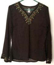 Guess blouse size M women sheer brown v-neck long sleeve gold embroidery - $12.13