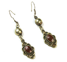 Vintage Jasper Stone Earrings Mexican NOT SILVER but Silver Tone - $14.85