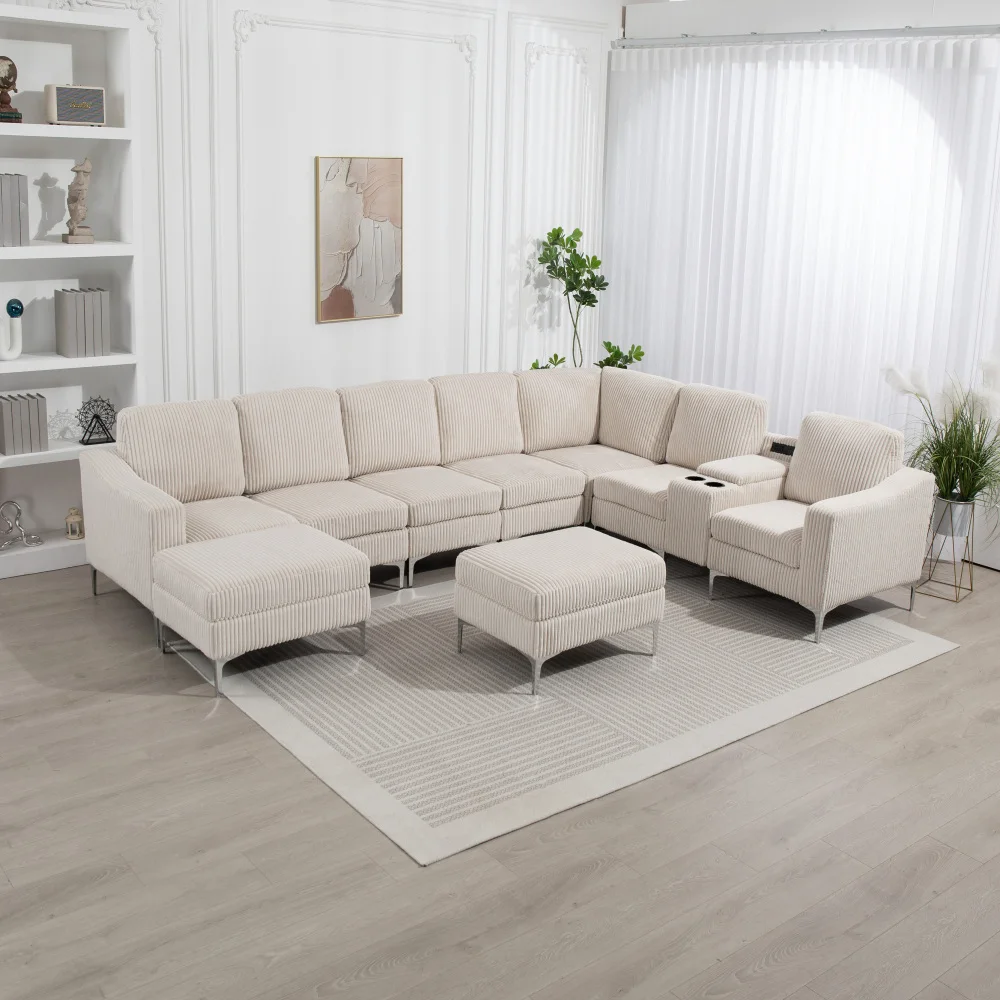 Modular Corduroy Sectional Sofa with Versatile Ottoman USB Charging Beige - $2,870.45 CAD