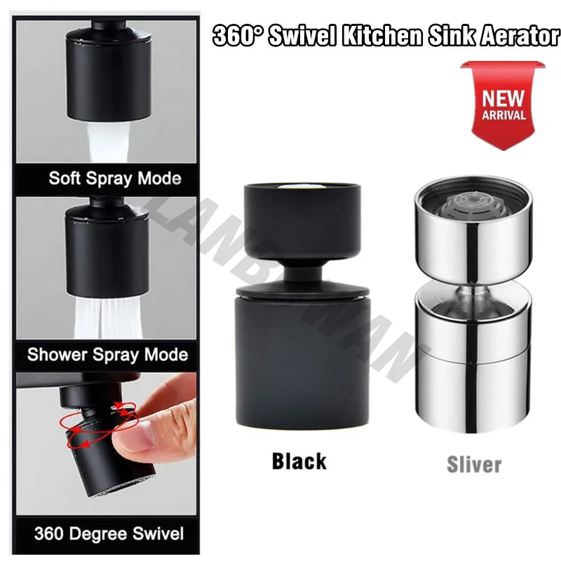House Home New A Mode 360° Swivel Kitchen Sink Pressurized Aerator Black Sprayer - £21.51 GBP