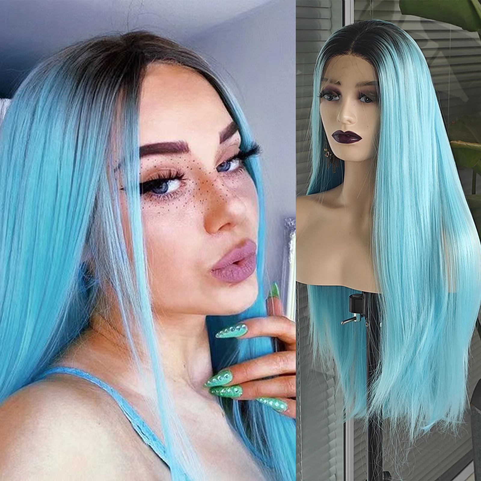 RONGDUOYI Ombre Long Straight Colorful Hair Lace Front Wig 13×4 Lace Black Root - £38.37 GBP+