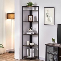 Rustic Tall Corner Bookshelf, 5 Tier Industrial Corner Shelf Stand, Dark Wood An - £142.92 GBP