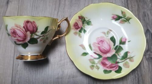 Primary image for Royal Albert Tea Cup & Saucer Yellow with Large Pink Roses England Bone China