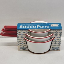 RARE New In Package Vntg Farmhouse Red &amp; White Columbian Enamelware Saucepan Set - £91.29 GBP