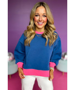 Blue Contrast Trim Bubble Sleeve Sweatshirt - $4,879.34 MXN