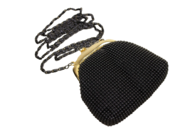 Black Beaded Evening Coin Purse 22&quot; Chain Strap Gold Tone - £7.72 GBP