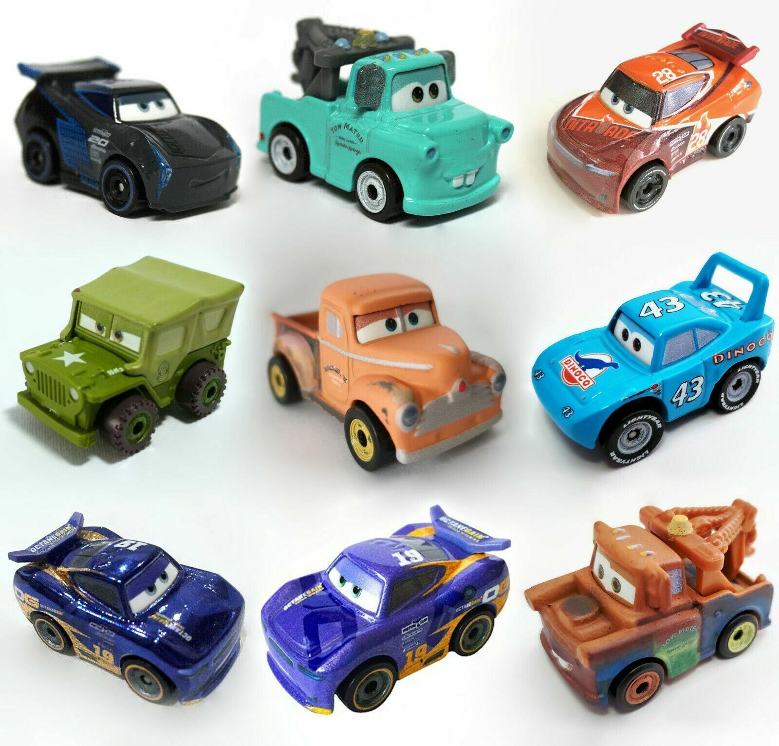 Primary image for 9-Pack CARS 3 MOVIE Mini Racers Diecast Car Mater Swervez Treadless Smokey Sarge