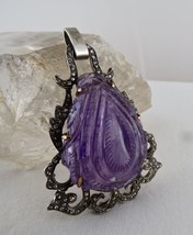 Antique Old Amethyst Carved Diamond Victorian Pendant In 925 Silver &amp; 18K Gold - £591.51 GBP