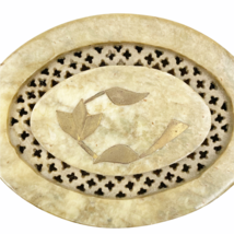 Soapstone Carved Inlaid Brass Trinket Dish Potpourri Holder Decorative Openwork - £19.56 GBP