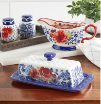 Pioneer Woman Frontier Rose Butter Dish w/Lid Gravy Boat Salt and Pepper Set NEW - £16.39 GBP