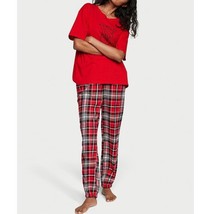 Victoria&#39;s Secret Flannel Jogger Tee-Jama Set Red Size XL Short NEW - £34.79 GBP