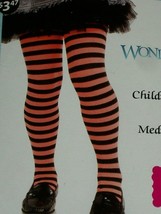 Halloween Child&#39;s Orange Black Striped Tights Med 7-10 Wonderland Opaque... - $12.99