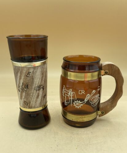 Siesta Ware Vintage MCM Western Tiki Barware Walnut Sleeve Beer Glass &amp; Mug - $16.03
