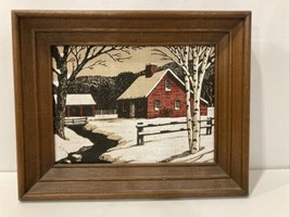 Vintage KAY DEE HandPrints 100% Pure Linen Framed Red Farm Winter Snow11&quot; X 9&quot; - £22.81 GBP