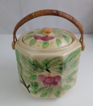 Antique Made in Japan Majolico Biscuit Jar with Cherry Design and Wicker... - $19.38