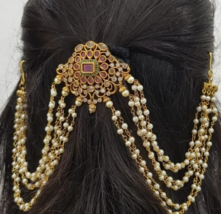 Bollywood Style Indian Bridal Gold Plated Hair Pin CZ Juda Clip Ruby Jewelry Set - £53.40 GBP