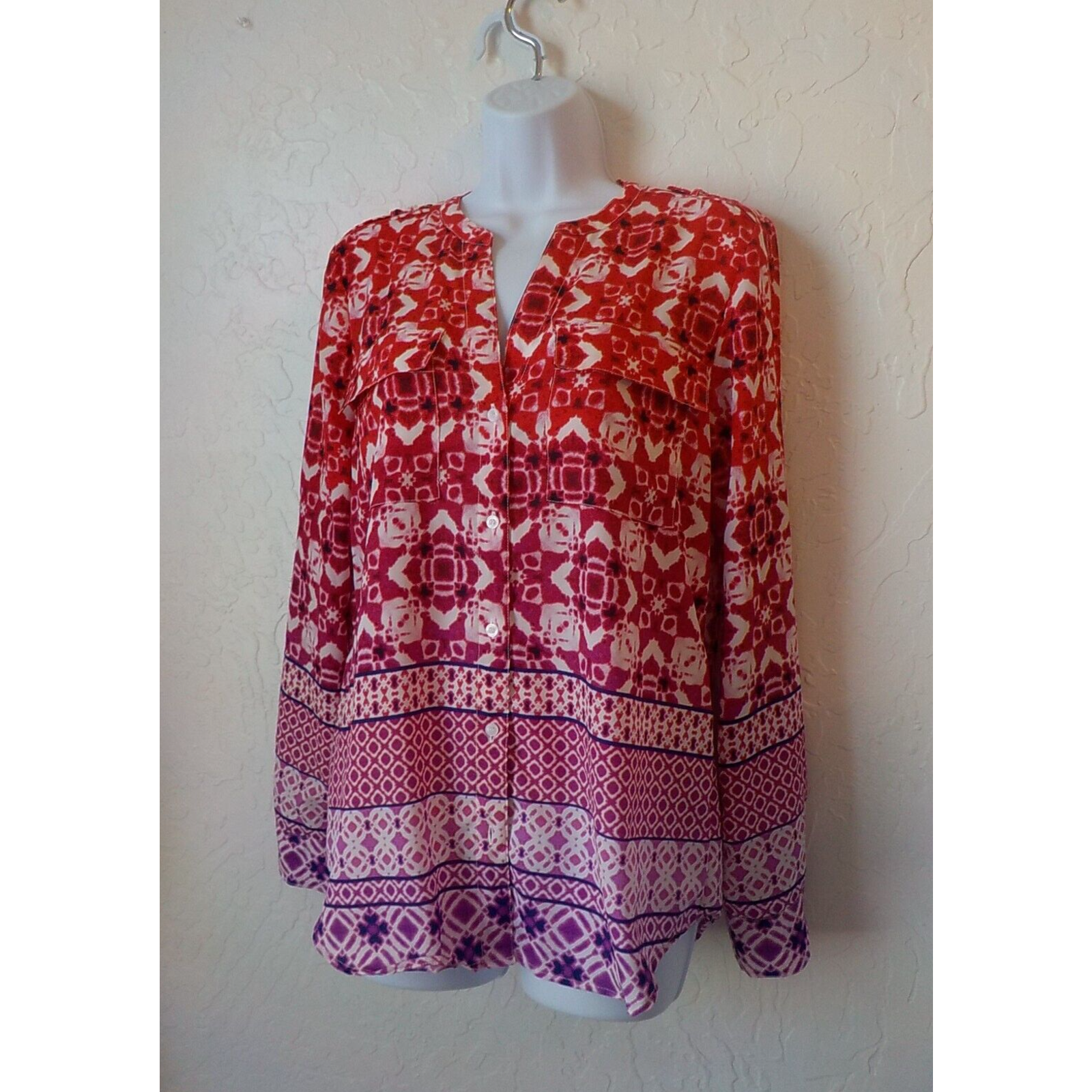 Calvin Klein Women Size Small Ombre Red Purple Geometric Tunic Button Up... - £9.64 GBP