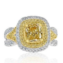 Certifié GIA 2.14Ct Coussin Lumière Jaune Fiançailles Diamant Bague 18k or Blanc - £3,593.14 GBP