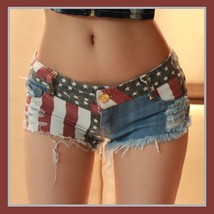 All American Girl Shorts with Low Waist USA Flag Denim Open Fly Hot Pants