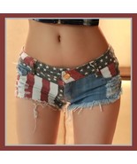 All American Girl Shorts with Low Waist USA Flag Denim Open Fly Hot Pants - £31.92 GBP