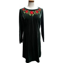 Quacker Factory Dark Green Velvet Christmas Dress M Poinsettia Holiday P... - $23.38