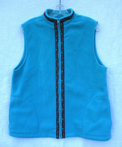 Susan Graver Floral Trim Blue Zip Poly Fleece Vest Fits Medium Labeled Small - £14.93 GBP