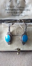 Antique Vintage Victorian Sterling Silver 925 Turquoise Marcasite Earrings - £70.50 GBP