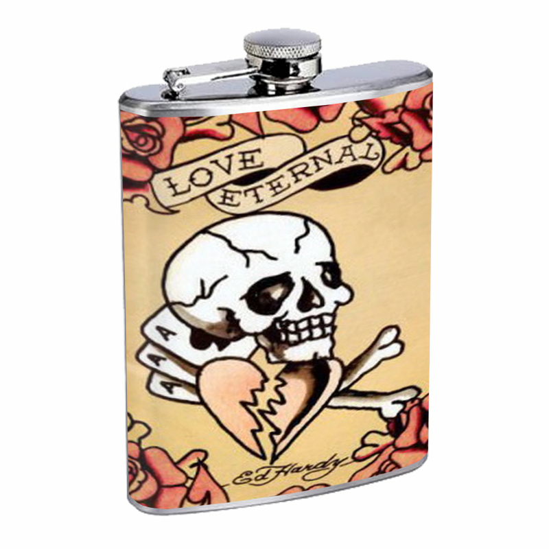 Love Eternal Skull Aces Roses Tattoo Flask 8oz 436