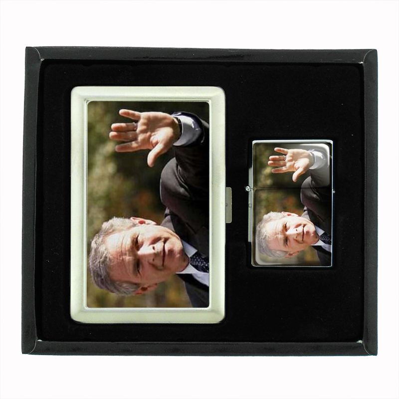 George W. Bush Smile & Wave Cigarette Case Oil Lighter Set 018